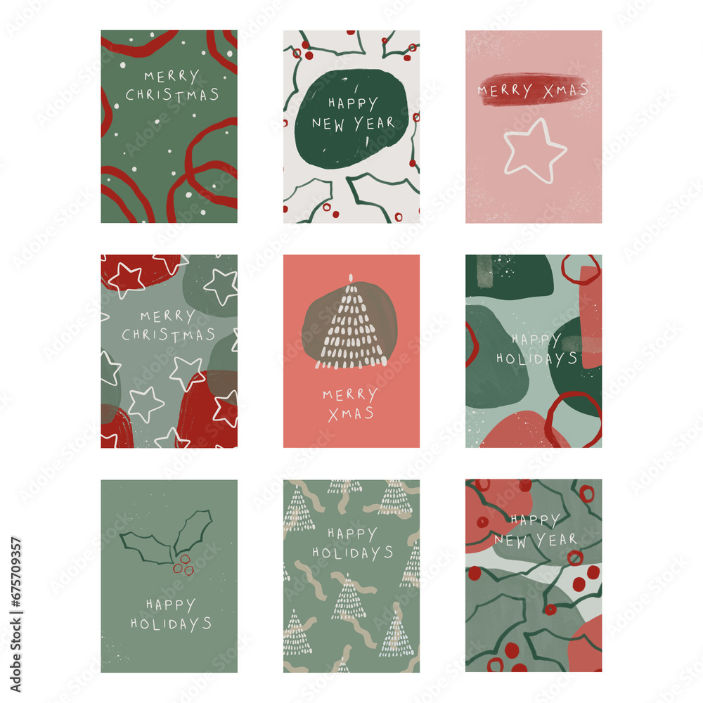 Naklejka premium Collection of Christmas and New Year cards and posters. Festive abstract green-red design. Hand drawn.