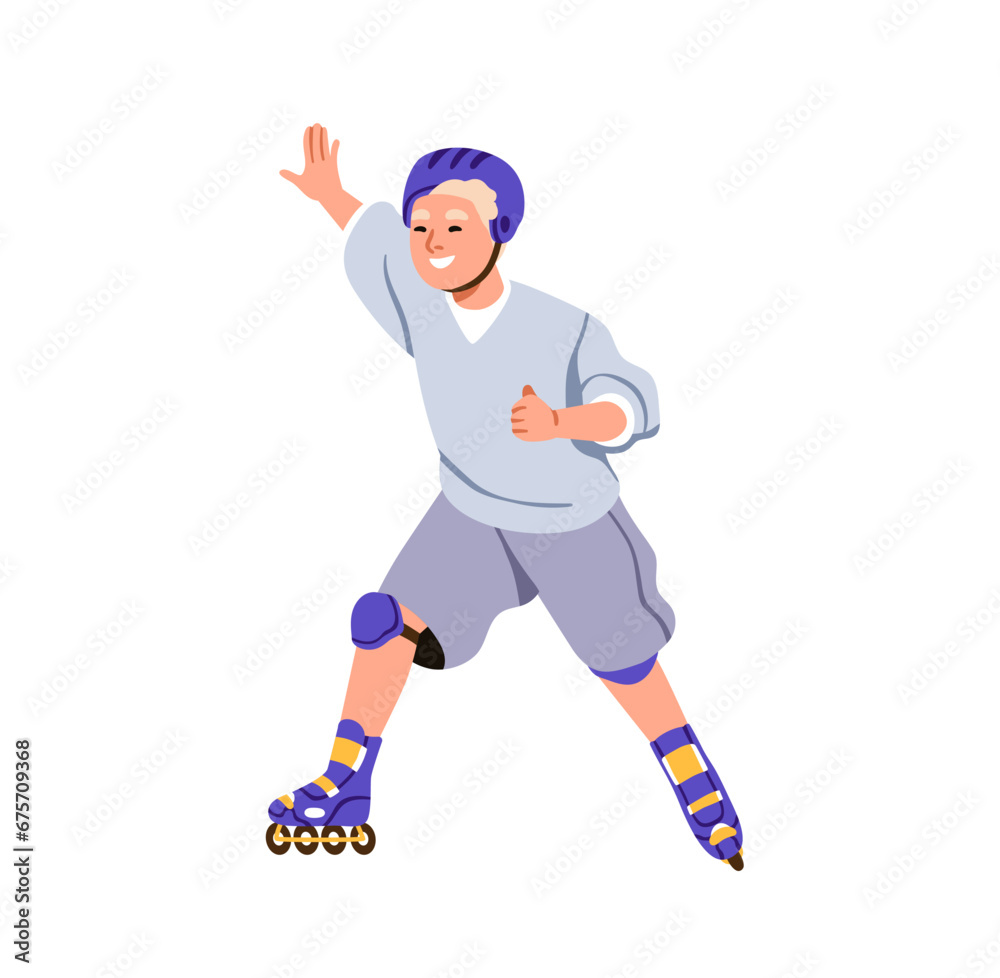 Happy boy skating on roller skates, rolling shoes. Smiling child skater in safety helmet. Joyful cheerful active kid. Outdoor sports activity. Flat vector illustration isolated on white background Happy boy skating on roller skates, rolling shoes. Smiling child skater in safety helmet. Joyful cheerful active kid. Outdoor sports activity. Flat vector illustration isolated on white background