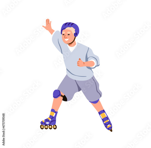 Happy boy skating on roller skates, rolling shoes. Smiling child skater in safety helmet. Joyful cheerful active kid. Outdoor sports activity. Flat vector illustration isolated on white background