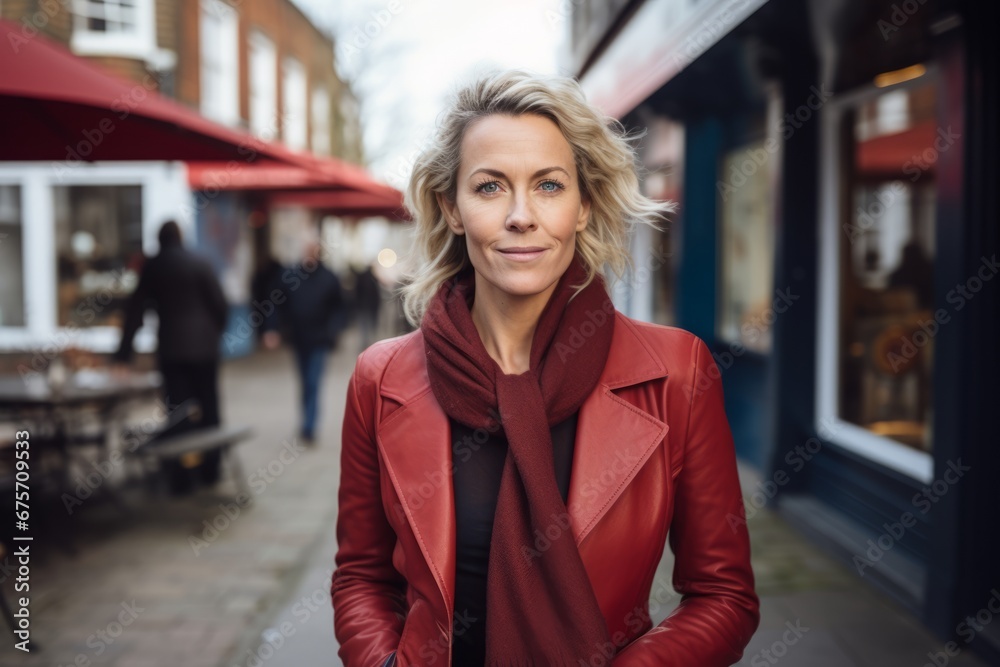 Portrait of a beautiful woman with blond hair in a red coat on the street Portrait of a beautiful woman with blond hair in a red coat on the street