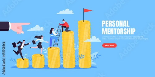 Business mentor helps improve career and money stacks growing. He holds stairs steps vector illustration. Mentorship, upskills, climb help self development strategy flat style design business concept.