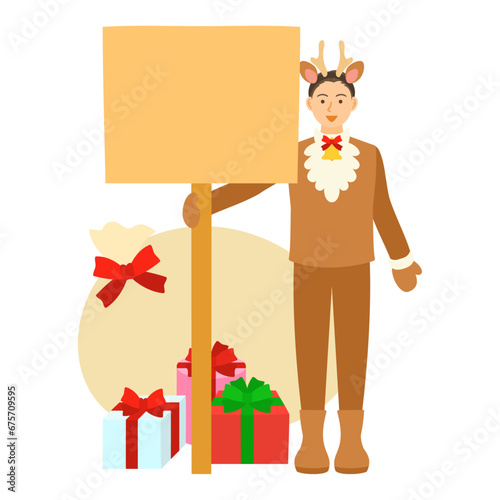 看板を持つトナカイの格好の男性。フラットなベクターイラスト。 A man dressed as a reindeer holds a signboard. Flat designed vector illustration.