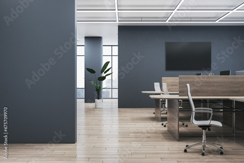 Fototapeta Naklejka Na Ścianę i Meble -  Clean wooden coworking office interior with window and city view, empty black screen, decorative plants and furniture. 3D Rendering.