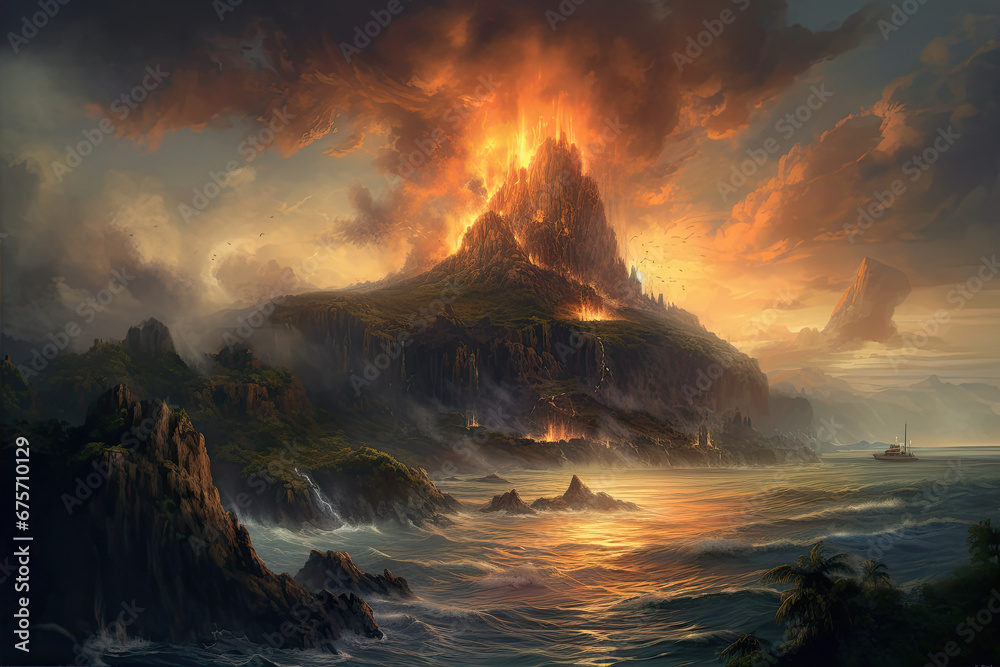 Naklejka premium Fabulous fantastic tropical landscape with abstract mountains and erupting volcano with burning lava on island in ocean