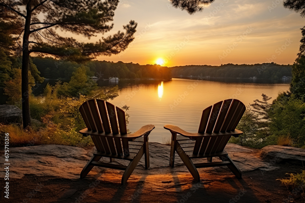 Two chairs for relaxing on the bank of a calm river in the forest in the rays of sunset and dawn. Camping, recreation. Generated by artificial intelligence Two chairs for relaxing on the bank of a calm river in the forest in the rays of sunset and dawn. Camping, recreation. Generated by artificial intelligence