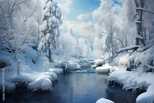 winter forest landscape with river and snow covered trees