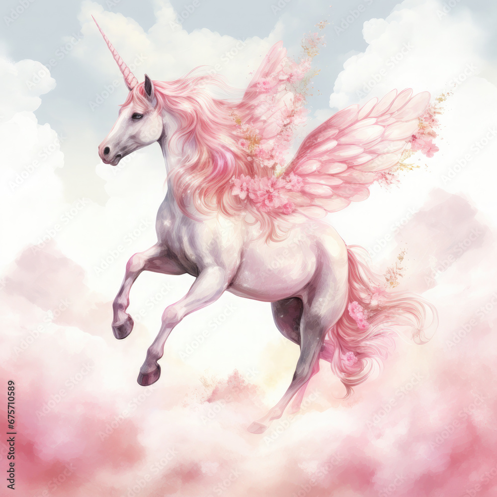 Pink Unicorn Above The Clouds Illustration, Generative Ai