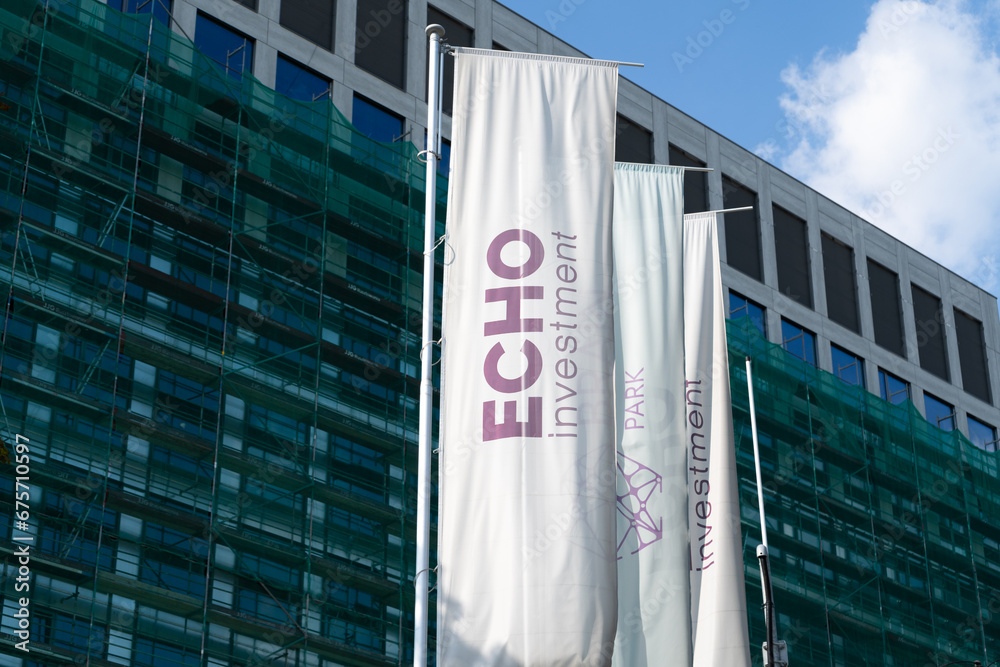 Echo Investment, Polish real estate developer company logo sign. Flag