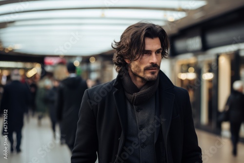 Handsome young man in a coat and scarf in the city