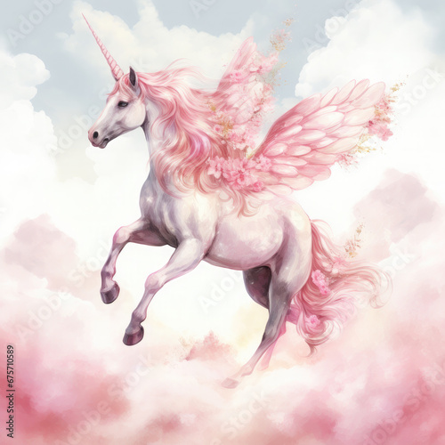 Pink Unicorn Above The Clouds Illustration, Generative Ai