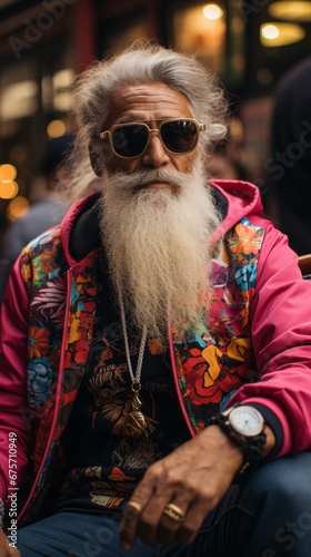 Stylish Senior Man with Long Beard Wearing Sunglasses and Colorful Jacket

