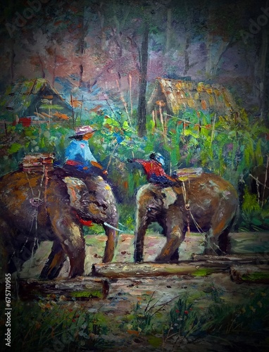 Original art painting Oil color Elephant family in forest thailand © Kwang Gallery