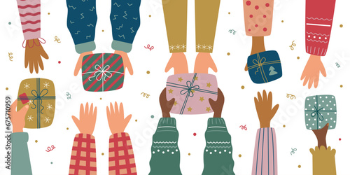 Human hands holding a gift box.People congratulate and give gifts.Holiday mood.New Year and Christmas.Vector stock illustration.