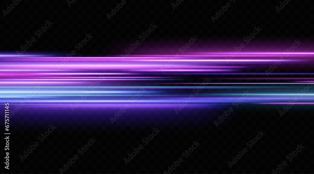 Light effect of neon lines movement.Horizontal lines. Speed ​​effect on a transparent background.lines of light, speed and movement. - obrazy, fototapety, plakaty 