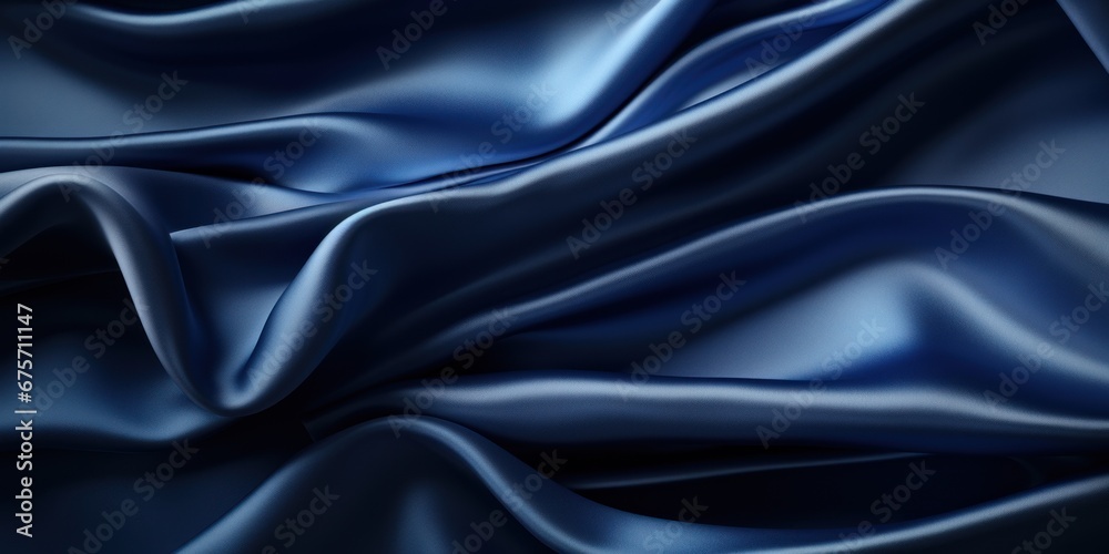 Navy blue silk satin. Silky shiny fabric. Dark luxury background with space for design. Banner. Wide. Long. Panoramic.