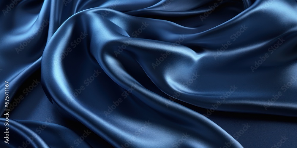 Fototapeta premium Navy blue silk satin. Silky shiny fabric. Dark luxury background with space for design. Banner. Wide. Long. Panoramic.