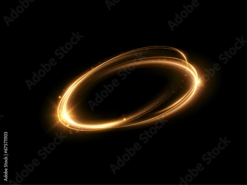 Abstract sparkling golden frame light effect on transparent background. Spark with ring glossy line 