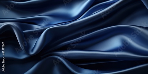 Navy blue silk satin. Silky shiny fabric. Dark luxury background with space for design. Banner. Wide. Long. Panoramic.