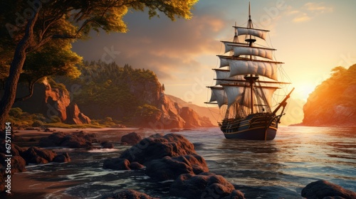 Pirate ship in a tropical cove or bay at sunset, landscape, wide banner