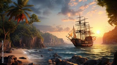 Pirate ship in a tropical cove or bay at sunset, landscape, wide banner