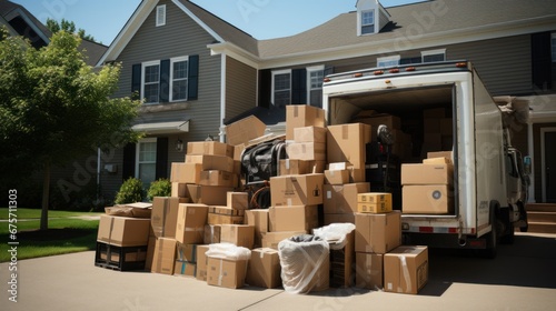 An open moving truck filled with cardboard boxes in the driveway of a suburban house