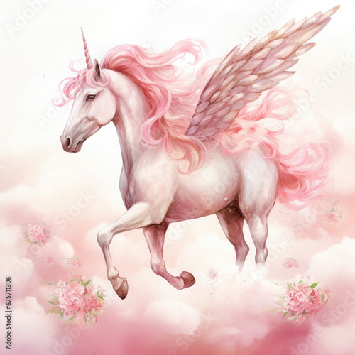 Pink Unicorn Above The Clouds Illustration, Generative Ai
