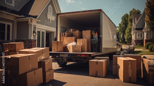 An open moving truck filled with cardboard boxes in the driveway of a suburban house © sirisakboakaew