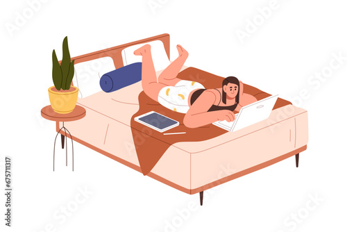 Woman with laptop computer, lying in bed. Girl in bedroom during remote freelance work. Female freelancer relaxing with notebook at home. Flat vector illustration isolated on white background
