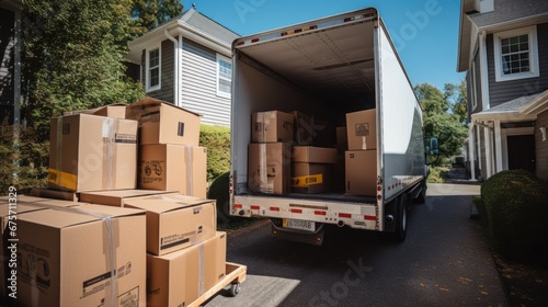 An open moving truck filled with cardboard boxes in the driveway of a suburban house photo