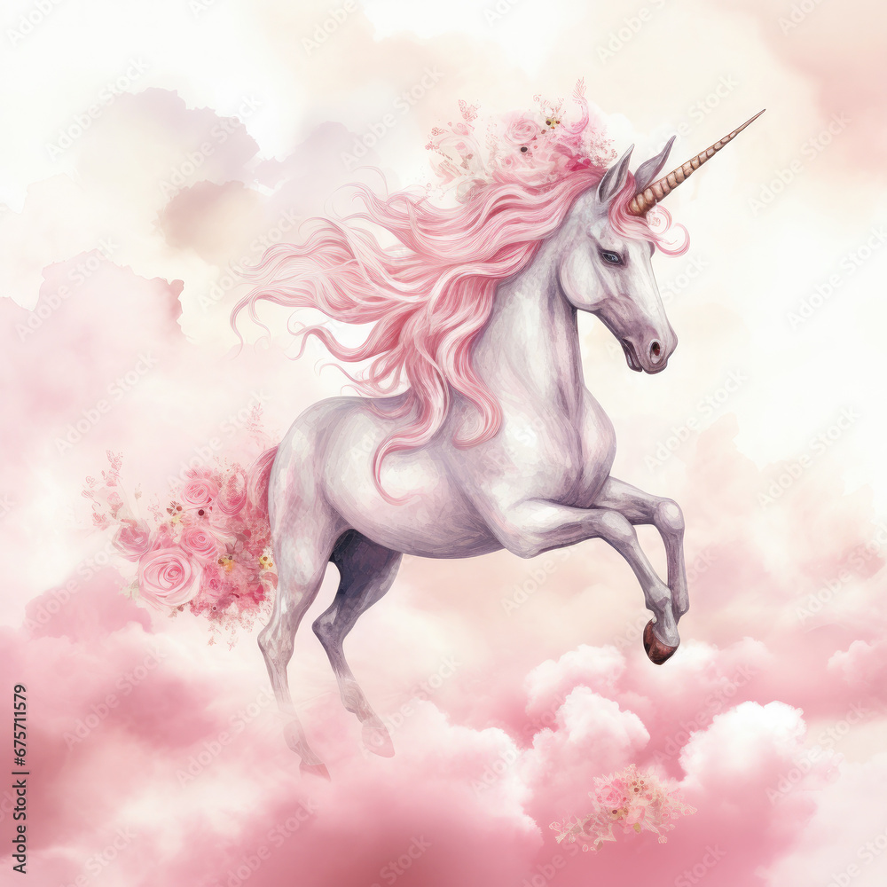 Fototapeta premium Pink Unicorn Above The Clouds Illustration, Generative Ai