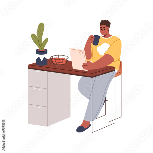 Person reading ebook at home. Man with digital e-book on tablet computer, pad device, drinking coffee, sitting at table, relaxing online. Flat graphic vector illustration isolated on white background