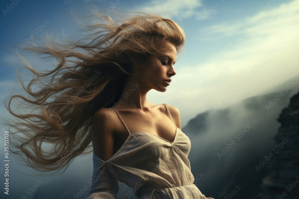 A beautiful young woman stands on the edge of an abyss. Sadness and loneliness concept. A beautiful young woman stands on the edge of an abyss. Sadness and loneliness concept.