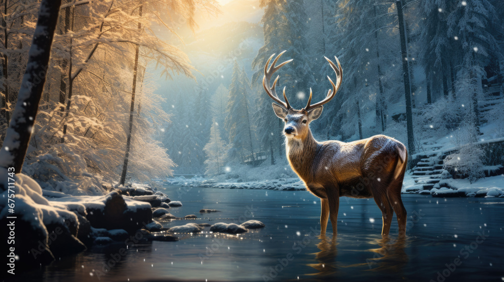 Illustration of a deer in the water on a winter day - obrazy, fototapety, plakaty 