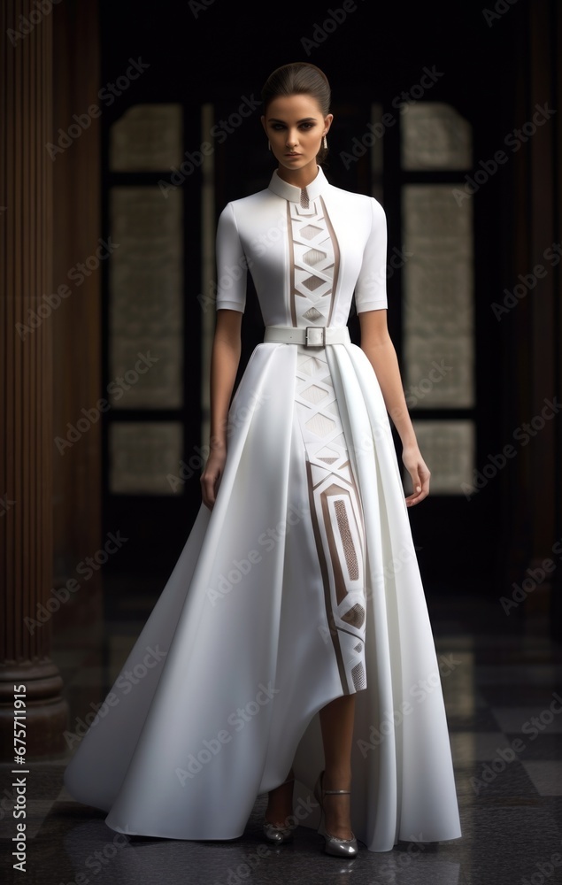Fototapeta premium A beautiful woman shows off a stylish long white dress that accentuates the silhouette, creating refined contours and giving an irresistible appeal and elegance
