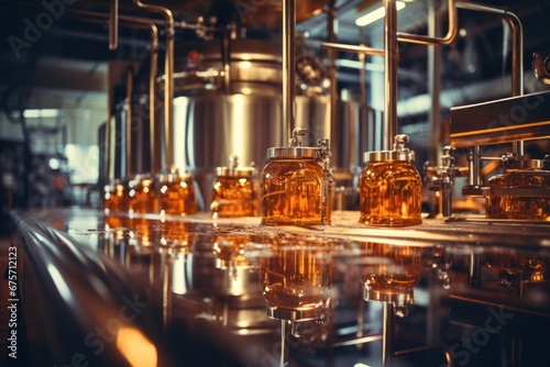 Brewing equipment for quality control, sight glass full of golden beer on stainless steel pipe.