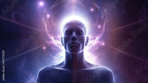 Awakening the Superpower Within: Vibrant Human Form Radiating Cosmic Consciousness Self-Discovery 