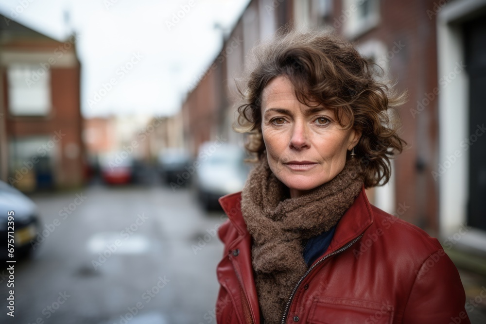 Portrait of a middle-aged woman in a red jacket on the street Portrait of a middle-aged woman in a red jacket on the street