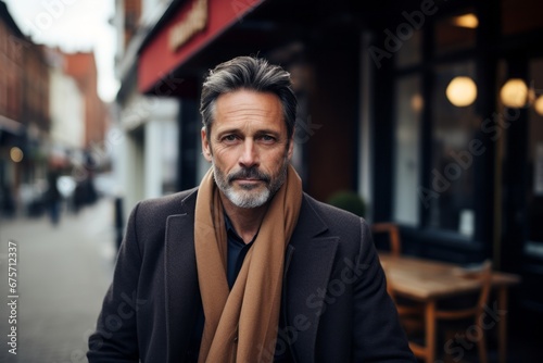 Portrait of a handsome middle-aged man with grey hair wearing a coat and a scarf in a city street. © Nerea
