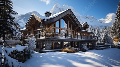 chalet under the snow at a winter resort, mountains, house, architecture, hotel, travel, new year, christmas, postcard, nature, cold, ski season, beauty, landscape, wooden building, roof, windows © Julia Zarubina