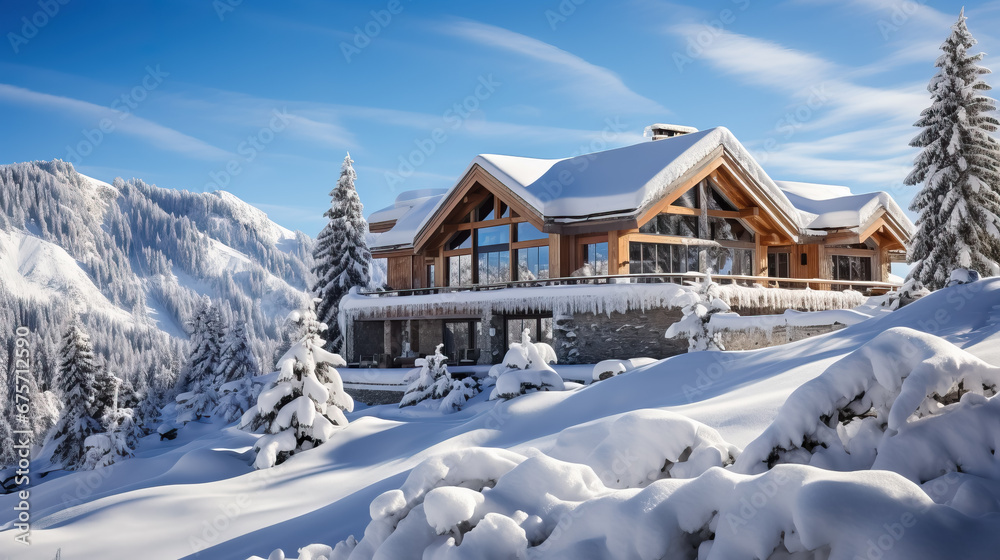 chalet under the snow at a winter resort, mountains, house, architecture, hotel, travel, new year, christmas, postcard, nature, cold, ski season, beauty, landscape, wooden building, roof, windows