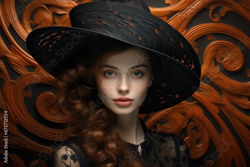 Beautiful woman in a stylish black big beautiful hat close-up. Style, fashion and beauty concept