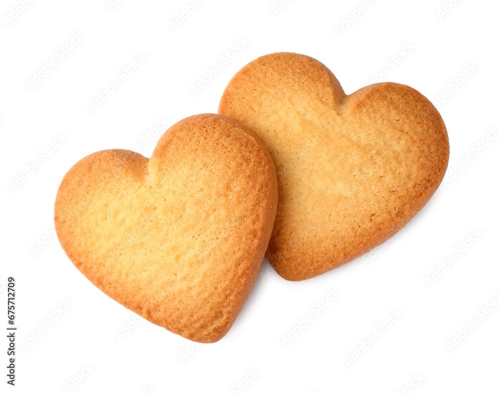 Tasty heart shaped Danish butter cookies isolated on white, top view