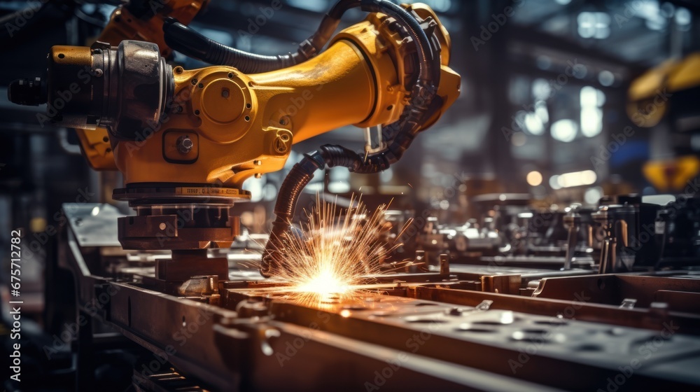 Closeup yellow arm robot welding metal pipe part in industry factory
