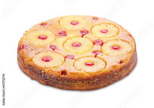 Tasty pineapple cake with cherries isolated on white