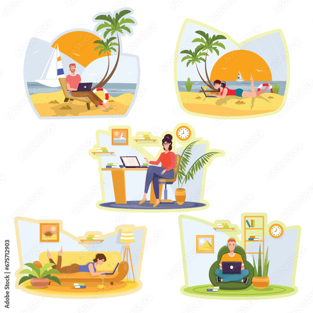 Freelance Character set showing five scenes of people at work on laptops at the seaside, in an office and at home.