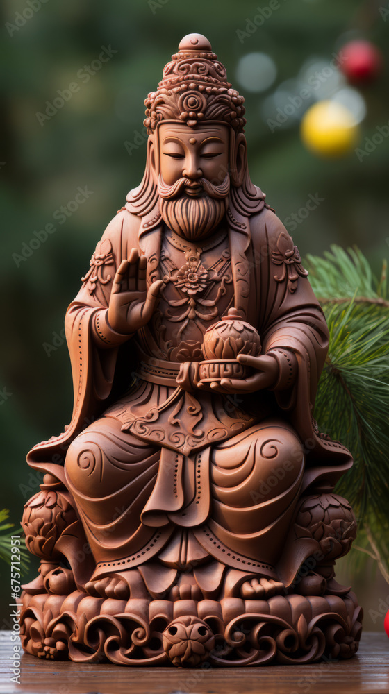 Detailed Wooden Statue of a Seated Buddhist Figure

