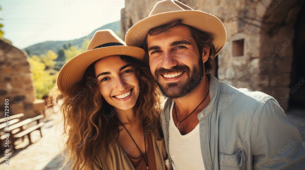 Concept travel of Turkey. Happy tourist couple man and woman in hat background old tomb