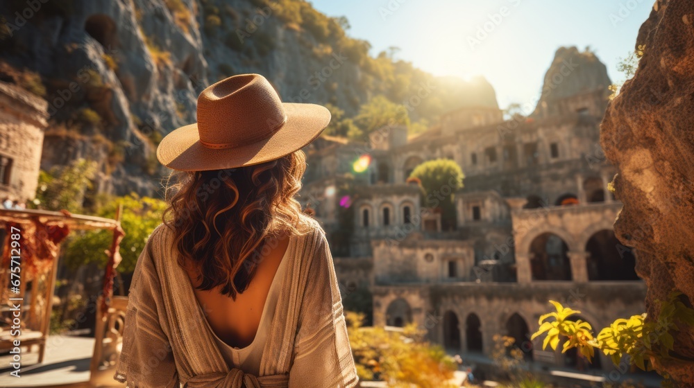 Concept travel of Turkey. Happy tourist couple man and woman in hat background old tomb