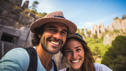 Concept travel of Turkey. Happy tourist couple man and woman in hat background old tomb © sirisakboakaew