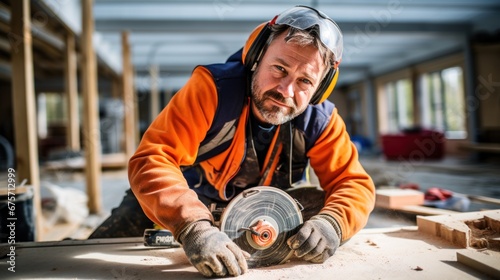 Construction worker cuts concrete floor for electrical cable, builder uses circular saw with diamond crown. © sirisakboakaew